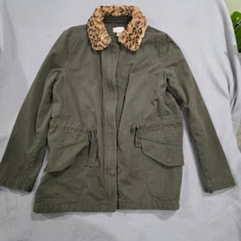 Loft Outlet Olive Green Utility Jacket Leopard Faux Fur Collar Cotton Coat L